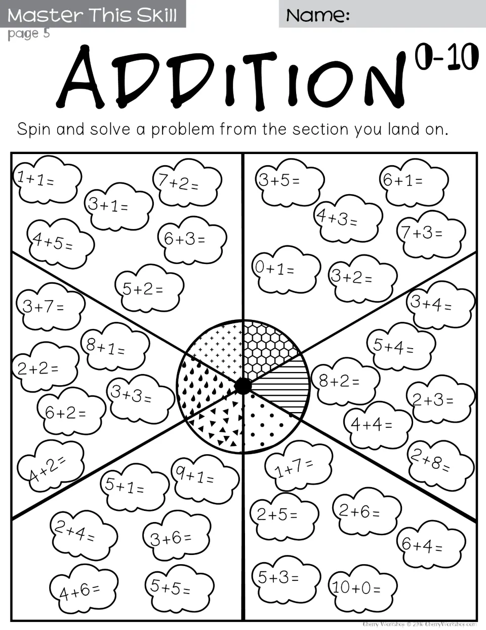 Addition to 10 spin game page 5: students spin, then solve a cloud fact like 1+1, 0+1 or 10+0 from the section landed on