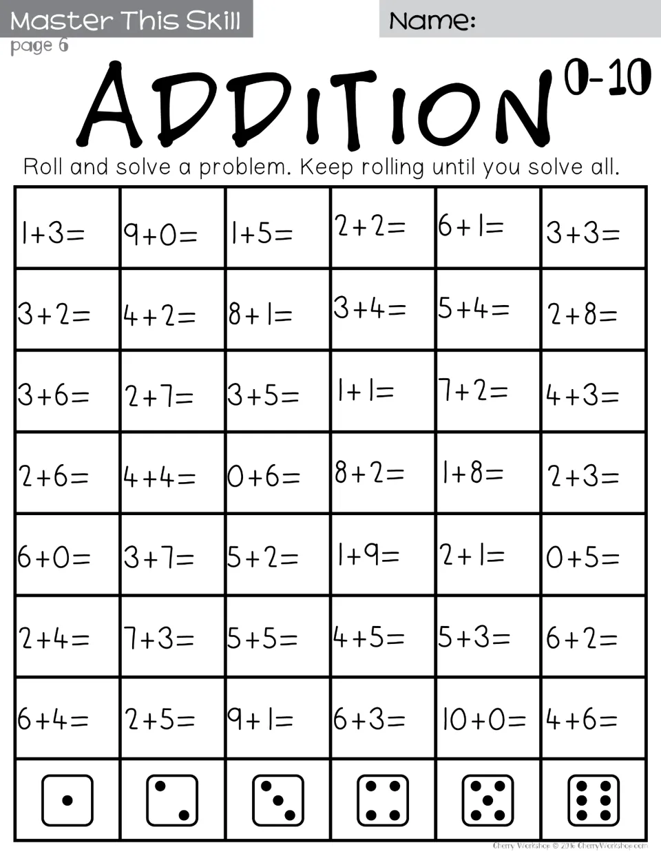 Roll-and-solve addition to 10, page 6: students roll a die and solve a fact under the matching die face, like 9+0 or 10+0