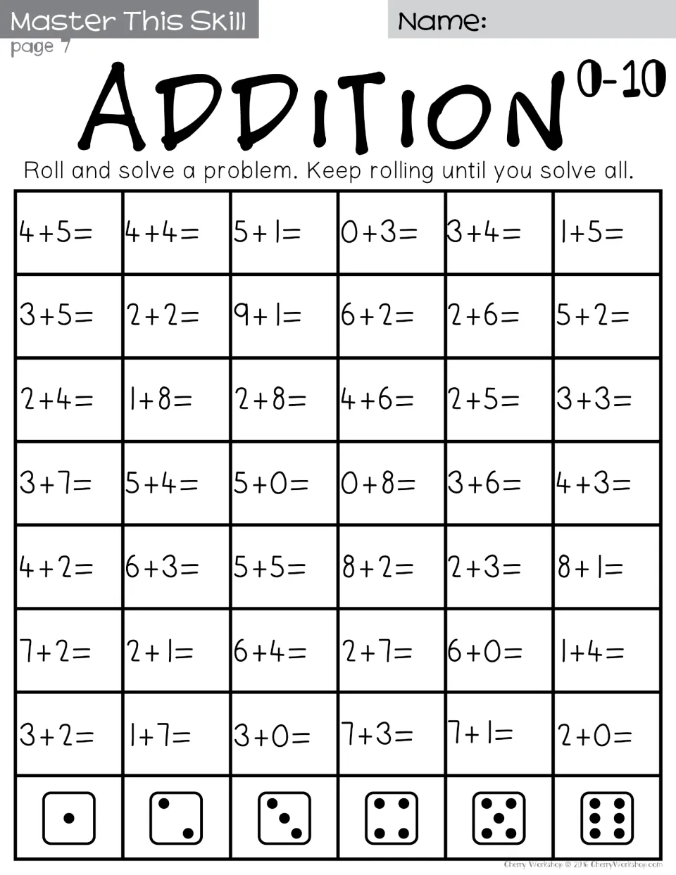 Roll-and-solve addition to 10, page 7: students roll a die and solve a fact under the matching die face, like 0+3 or 5+0