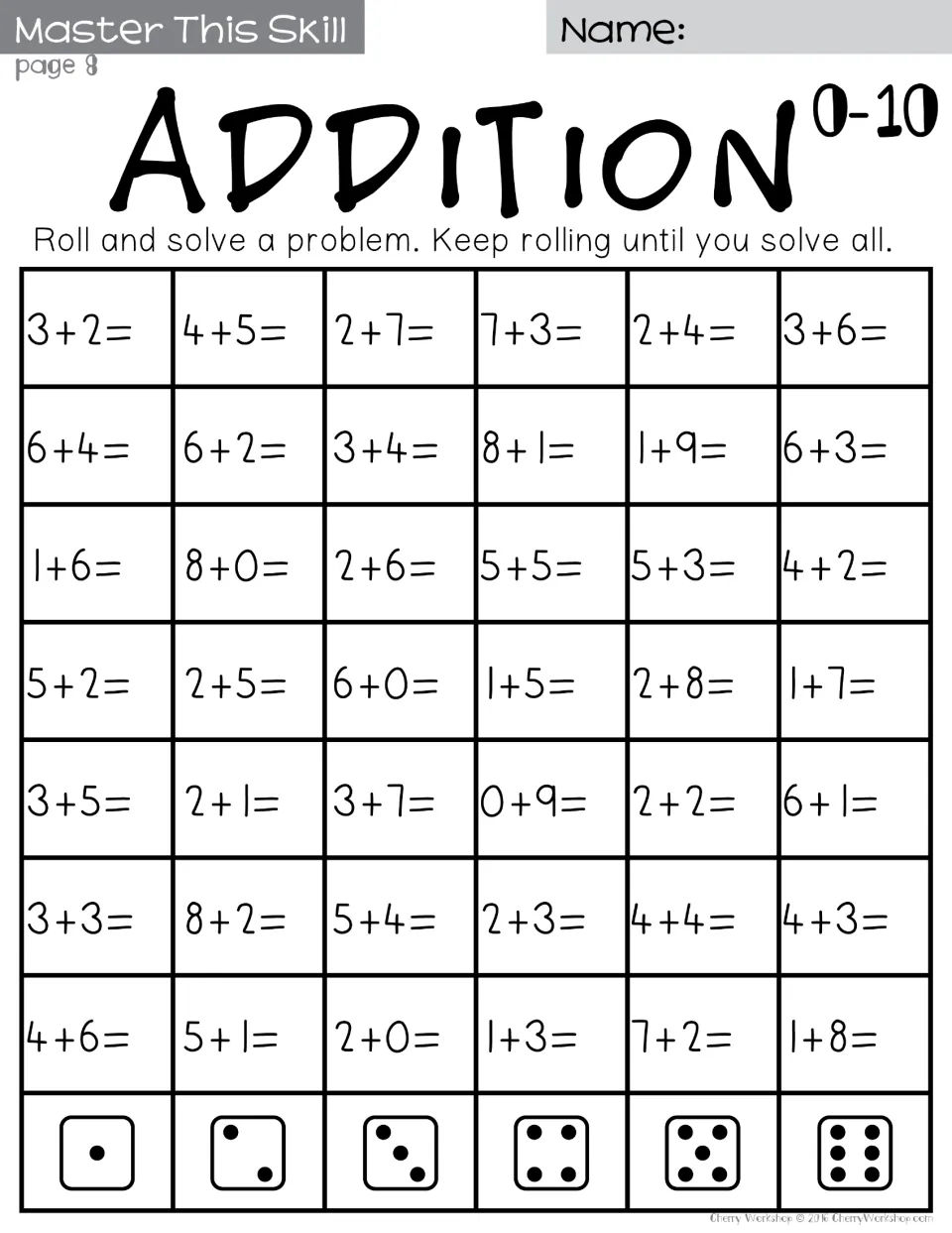 Roll-and-solve addition to 10, page 8: students roll a die and solve a fact under the matching die face, like 8+0 or 0+9
