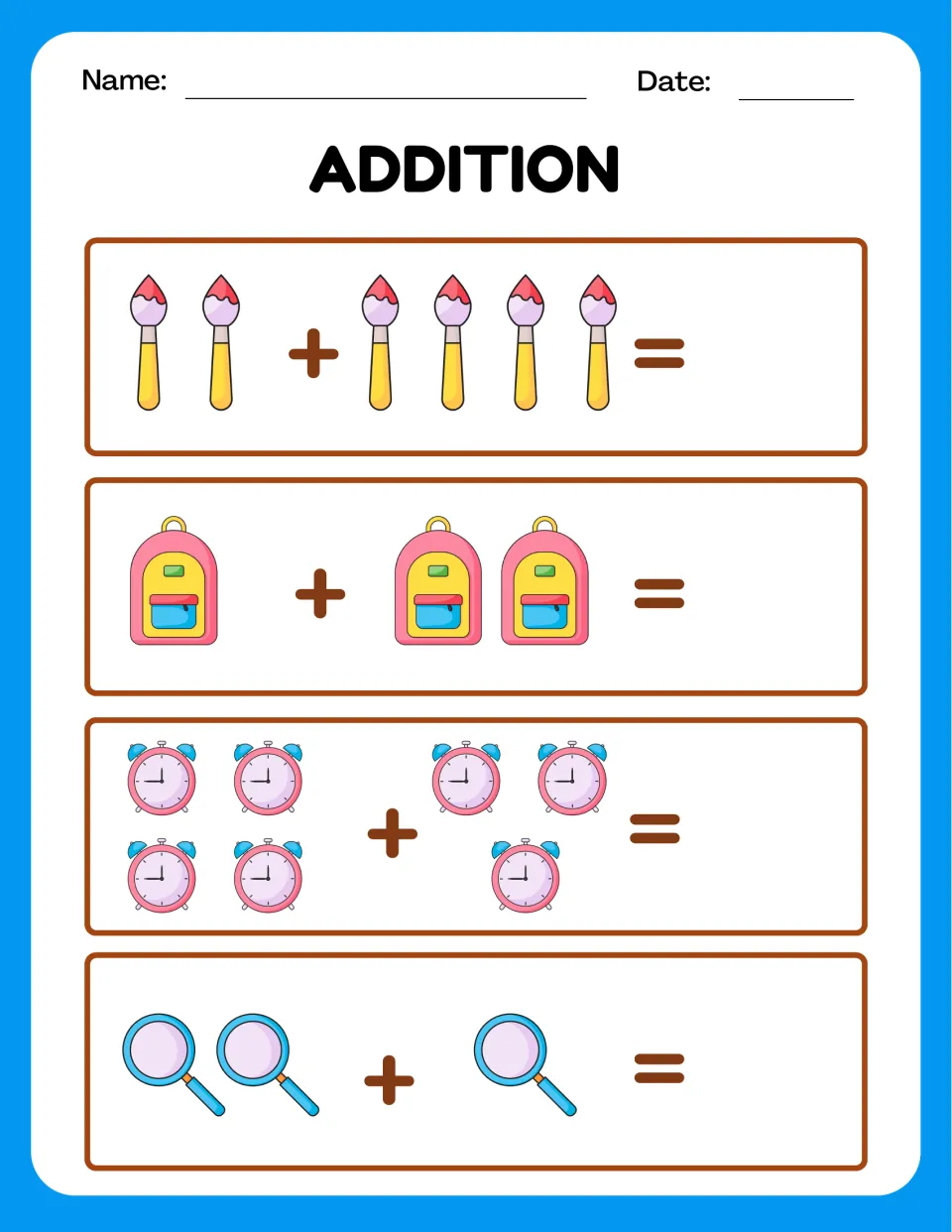 Picture addition: students count and add paintbrushes, backpacks, alarm clocks and magnifying glasses in 4 sums