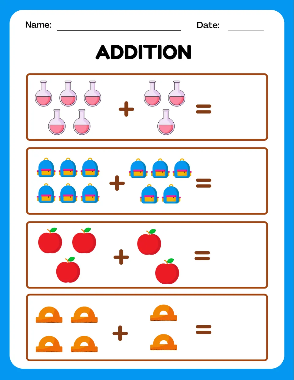 Adding two picture groups: students count flasks, backpacks, apples and protractors and write each total