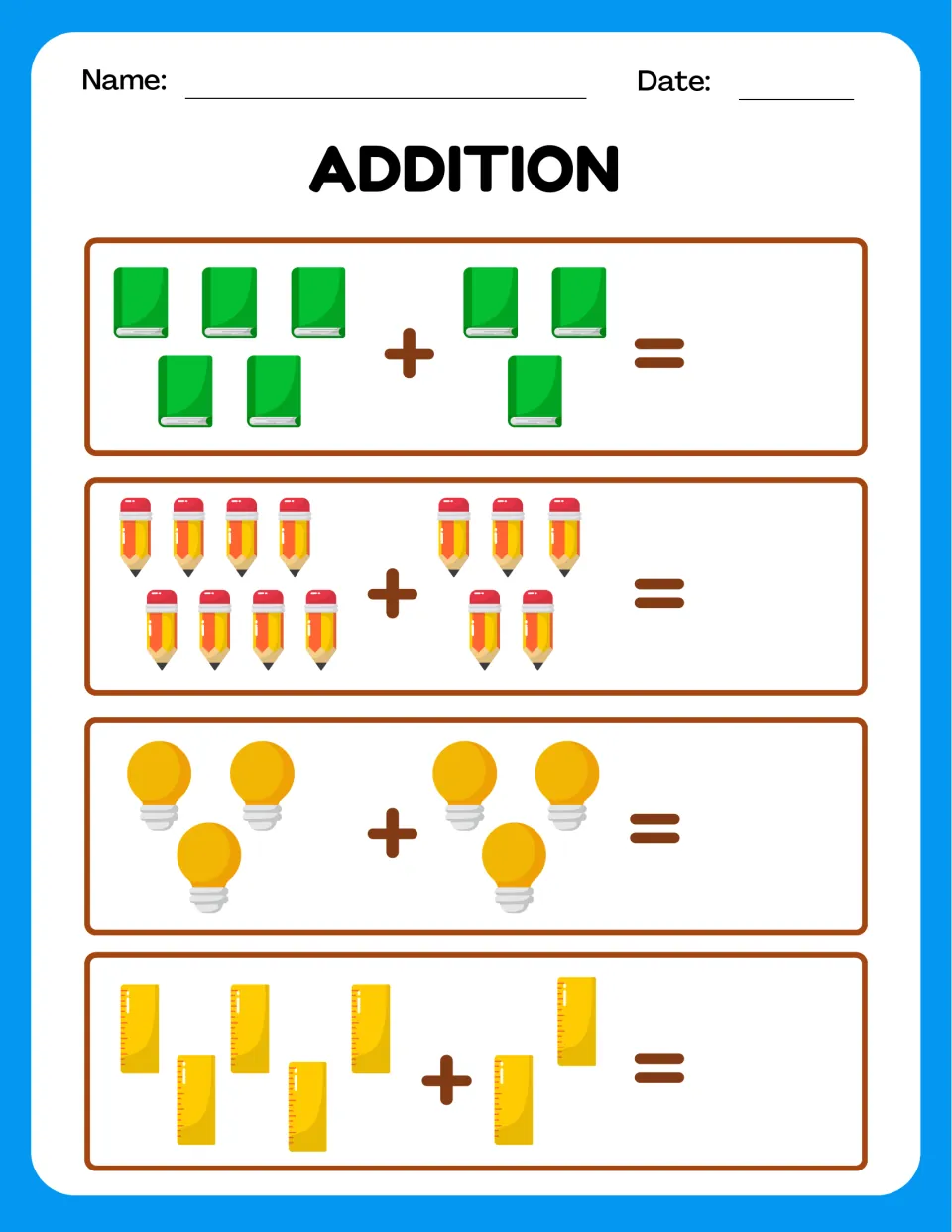 School-supply sums: students add groups of green books, pencils, light bulbs and rulers, writing the sum after each =