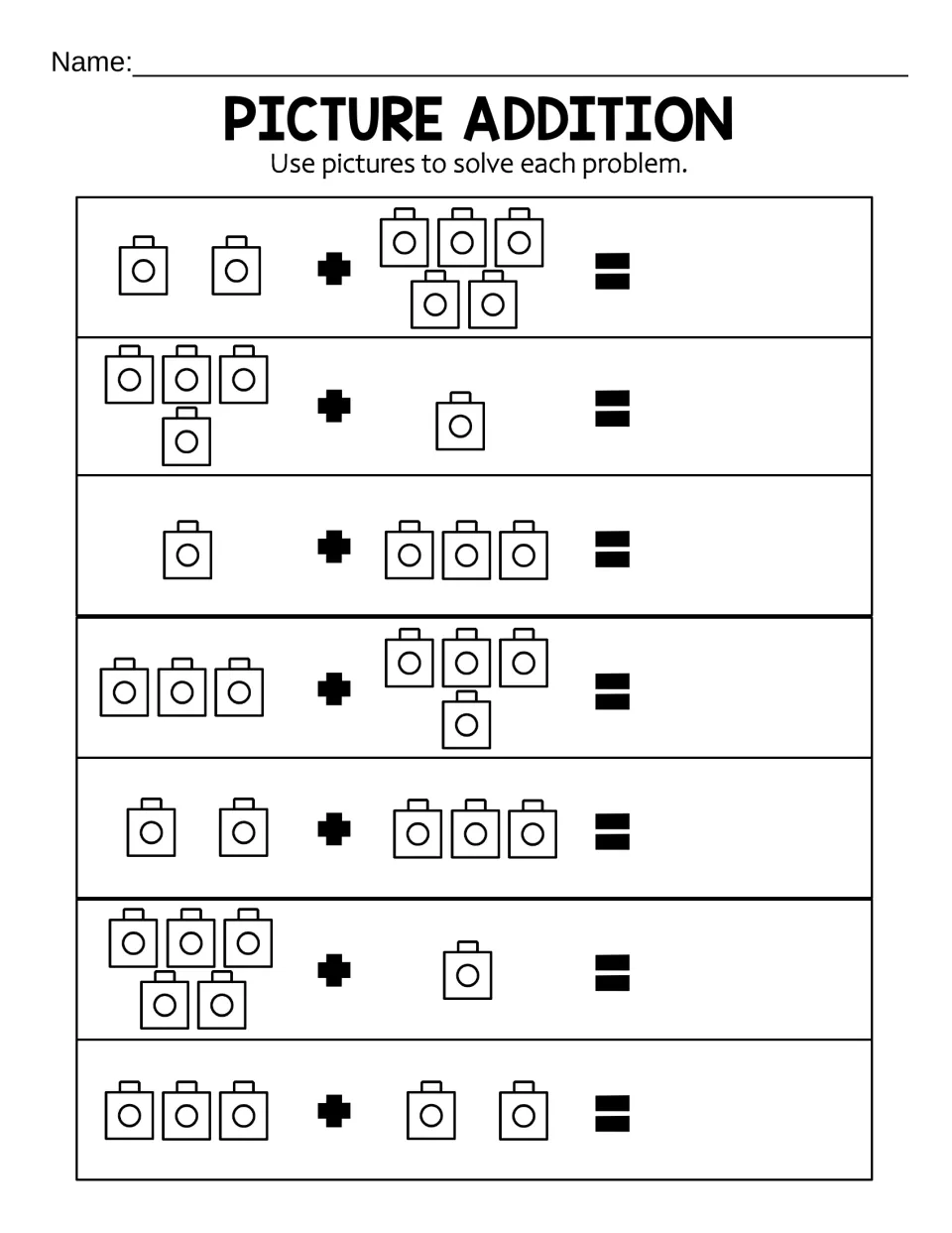 Picture addition: students count two groups of drawn cubes in 7 problems, such as 2 + 5 and 4 + 1, and write each sum