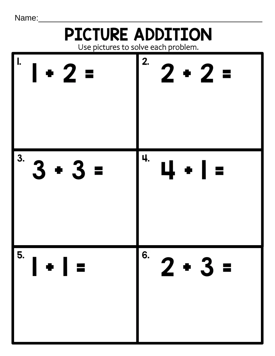 Picture addition to 6: students draw objects to solve 6 equations such as 1 + 2, 3 + 3 and 4 + 1, then write each sum