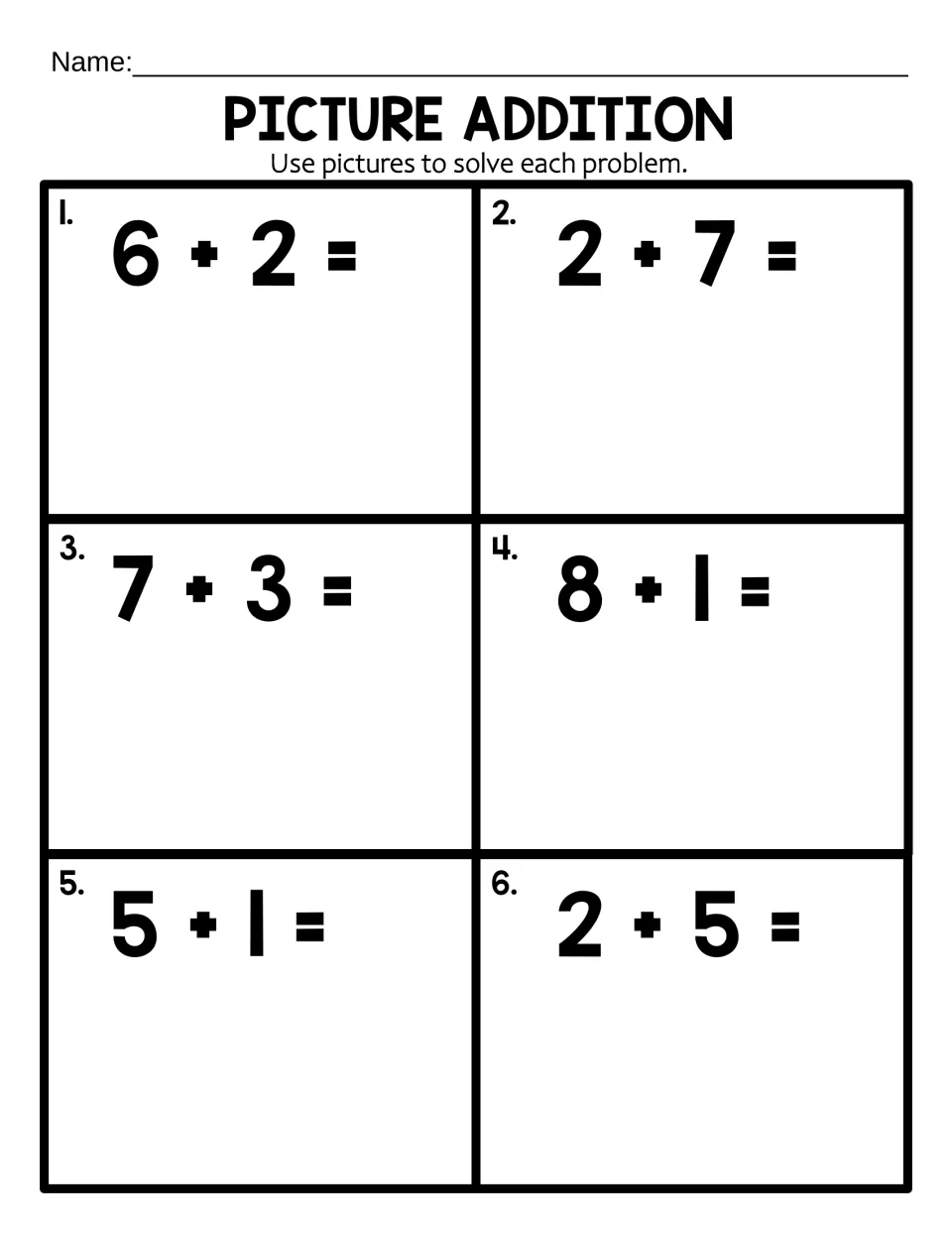 Picture addition to 10: students draw objects to solve 6 equations such as 6 + 2, 2 + 7 and 7 + 3 and write each sum