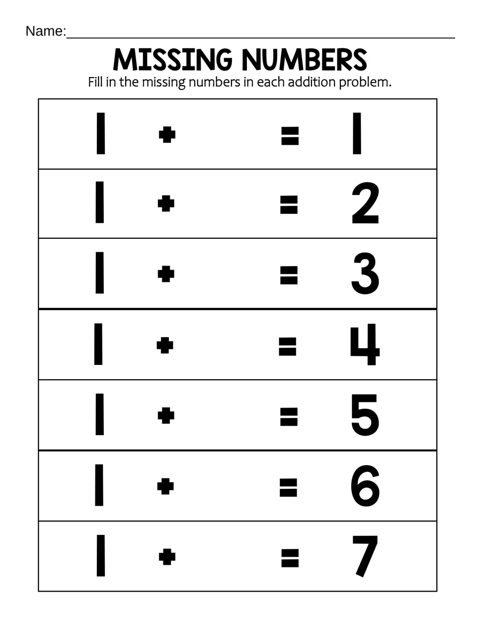 Missing Numbers, adding 1: students find the missing addend in 7 problems from 1 + _ = 1 up to 1 + _ = 7