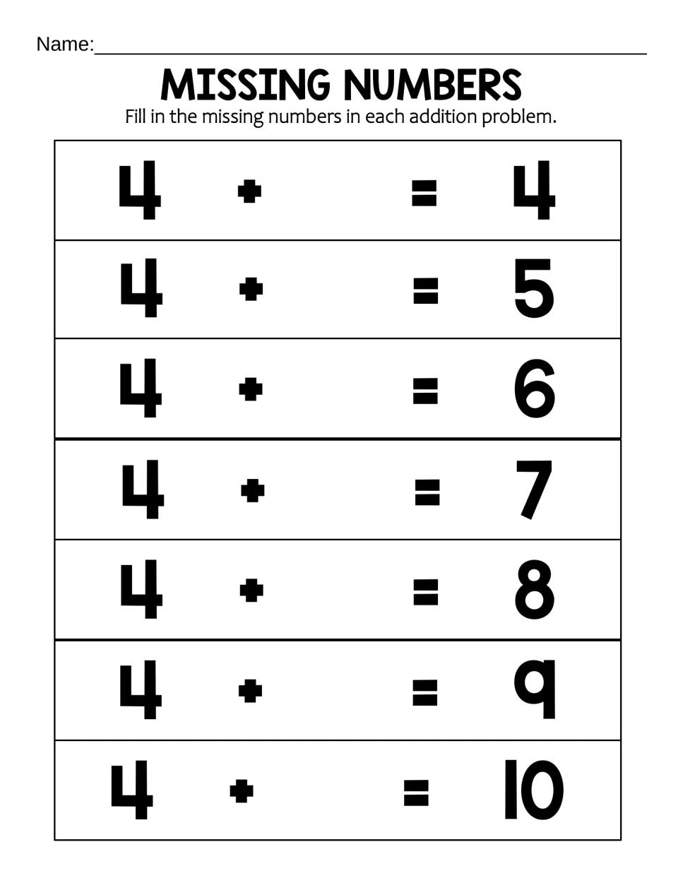 Missing Numbers starting at 4: students solve 7 unknown-addend problems with sums from 4 to 10, like 4 + _ = 7