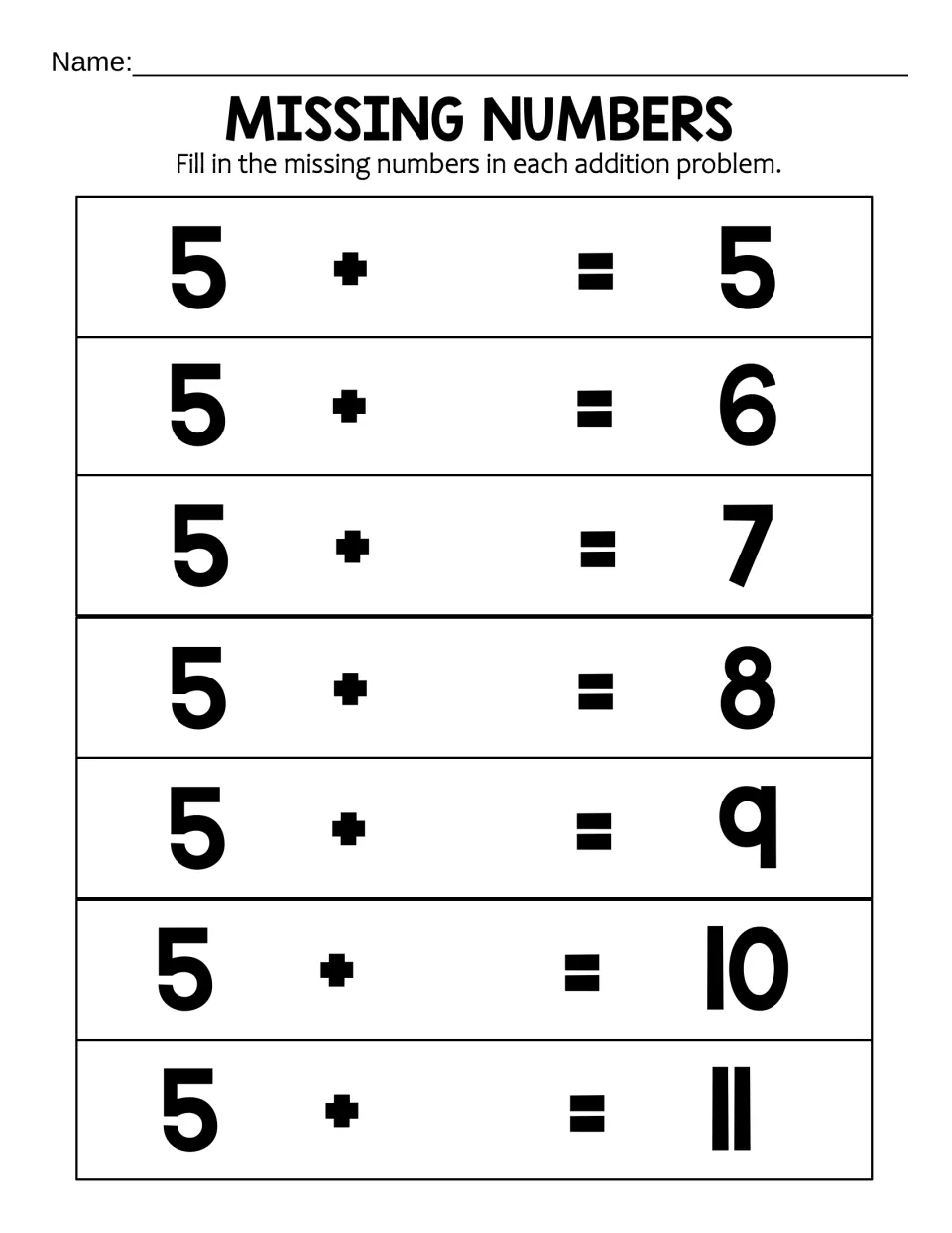 Missing Numbers for 5: students find what to add to 5 in 7 problems with totals of 5 up to 11, such as 5 + _ = 9
