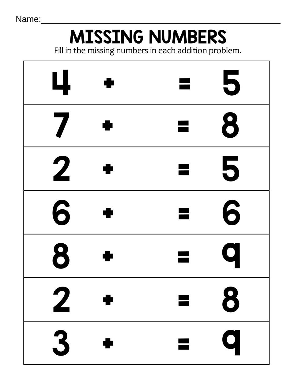 Missing Numbers, mixed facts: students fill in the second addend in 7 problems such as 4 + _ = 5, 6 + _ = 6 and 3 + _ = 9