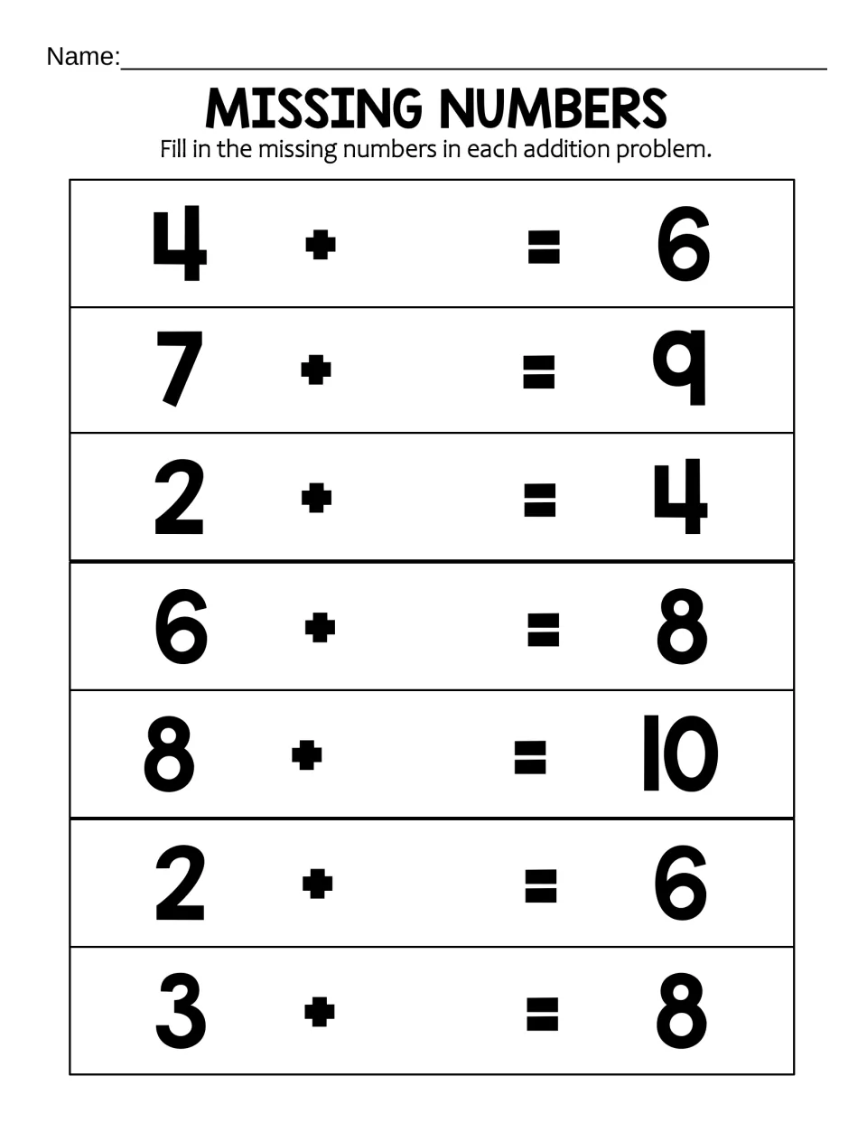Missing Numbers, mixed sums to 10: students find the unknown addend in 7 problems like 7 + _ = 9 and 8 + _ = 10