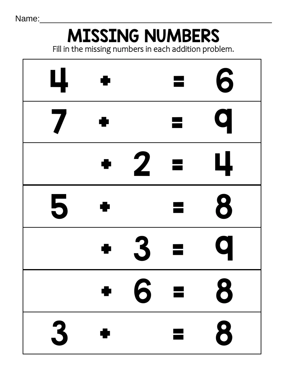 Missing Numbers, blank in either spot: students solve 7 problems where the unknown is first or second, like _ + 6 = 8