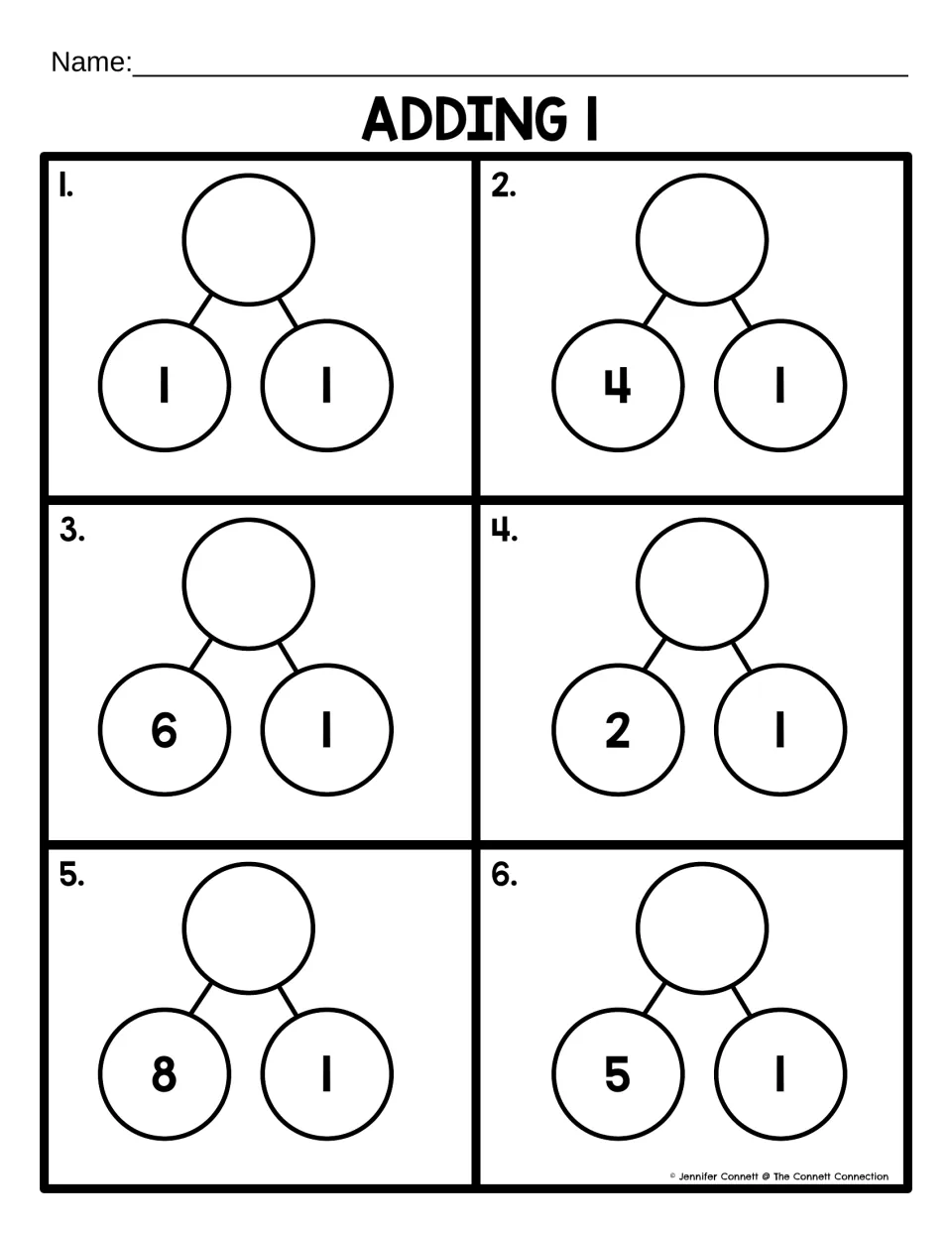 Adding 1: students write the sum in the top circle of six number bonds, adding 1 to 1, 4, 6, 2, 8 and 5