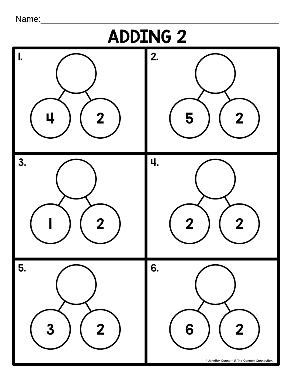 Adding 2: six number bonds pair 2 with 4, 5, 1, 2, 3 and 6; students fill in each whole in the empty top circle