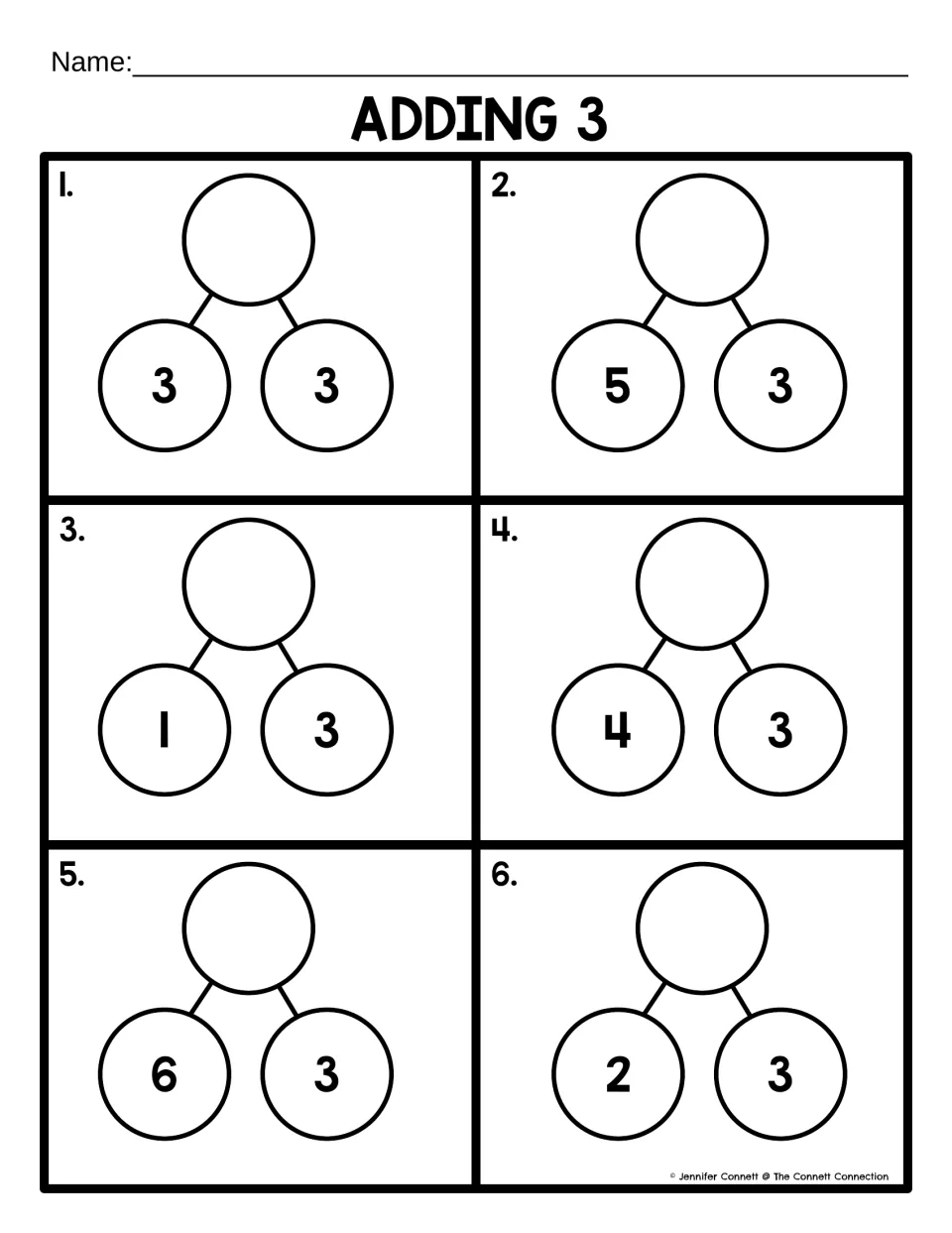 Adding 3: students total the parts of six number bonds (3+3, 5+3, 1+3, 4+3, 6+3, 2+3) and write each sum on top