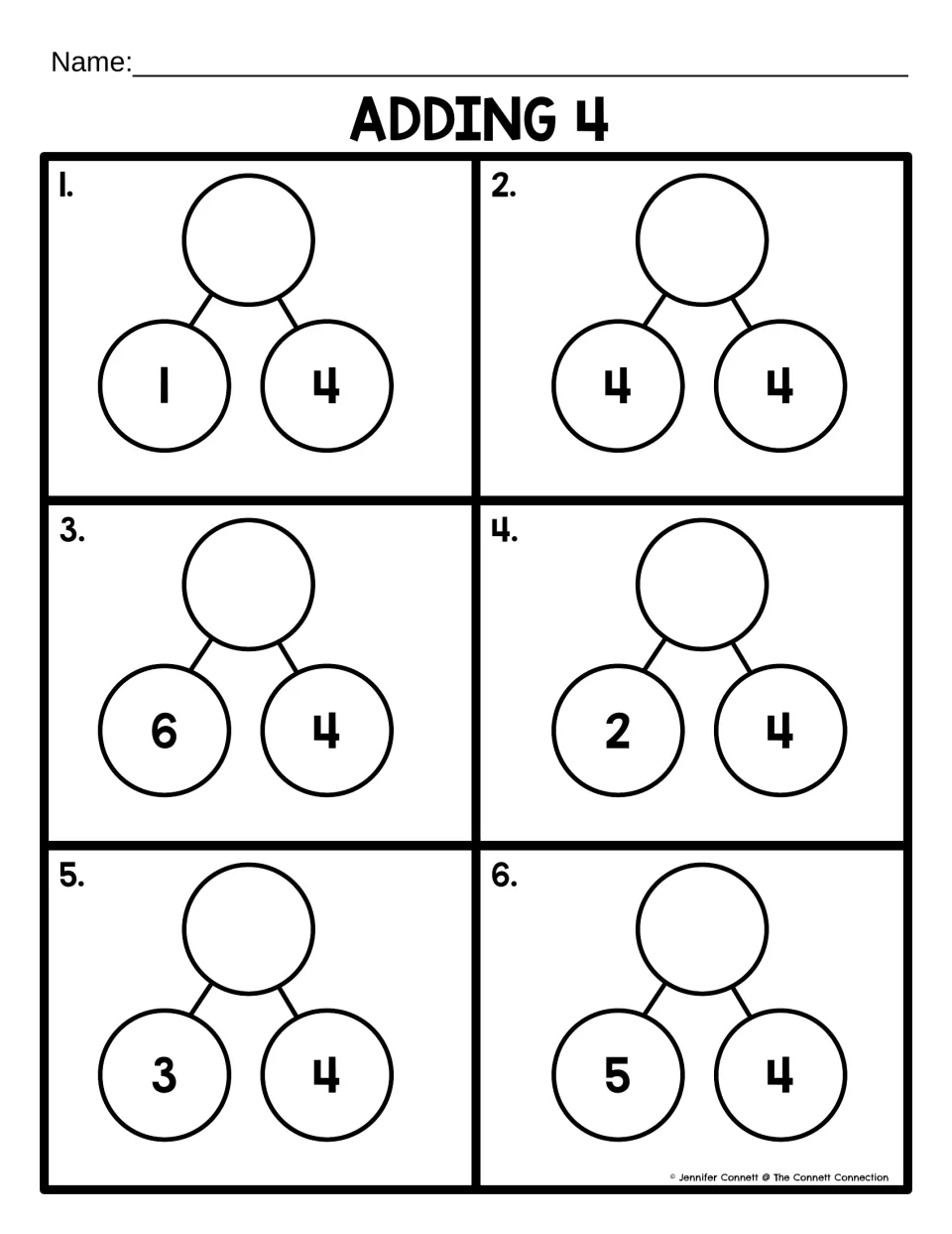 Adding 4: six part-part-whole number bonds with 1, 4, 6, 2, 3 and 5 plus 4; students find and record each total