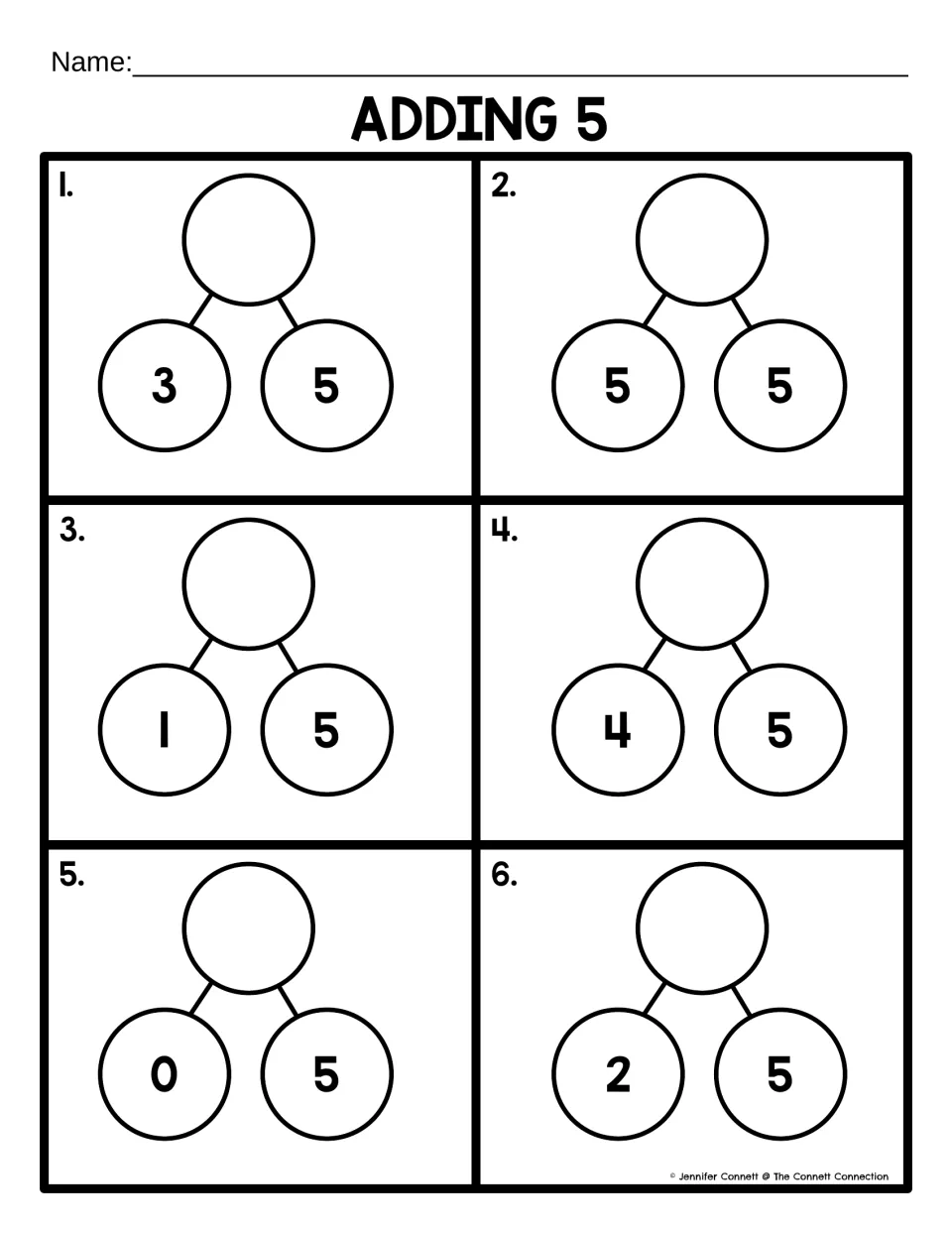 Adding 5: students complete six number bonds by adding 5 to 3, 5, 1, 4, 0 and 2 and writing the whole on top