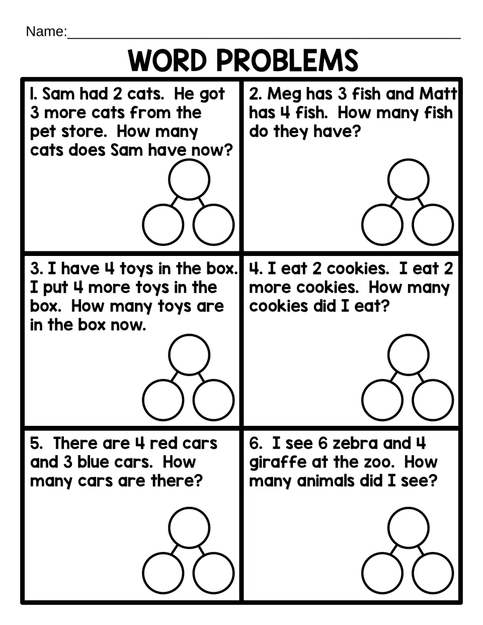 Addition word problems: six short stories about cats, fish, toys, cookies, cars and zoo animals, each solved in a bond
