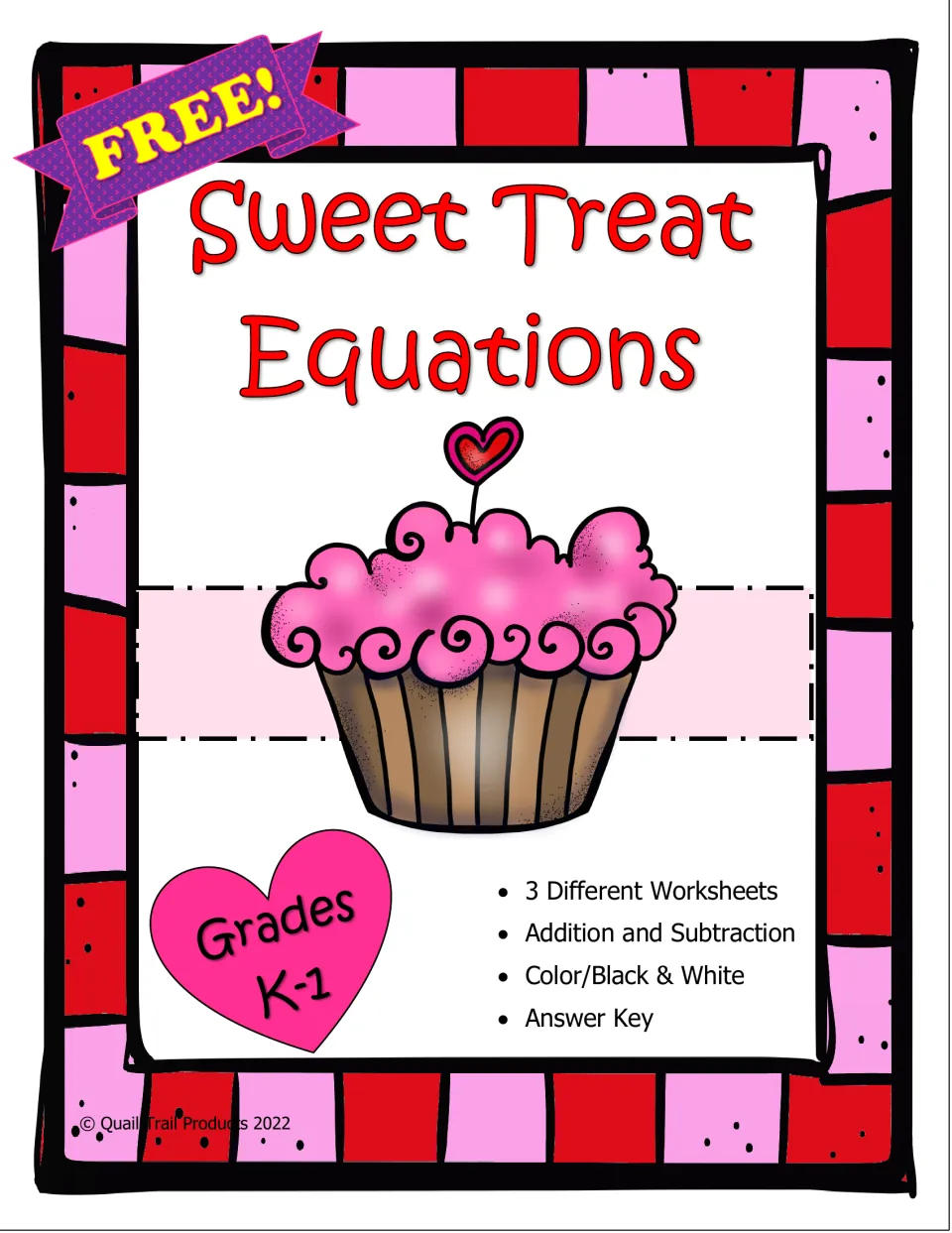 Sweet Treat Equations cover for grades K-1: 3 addition and subtraction worksheets in color and black & white, with key