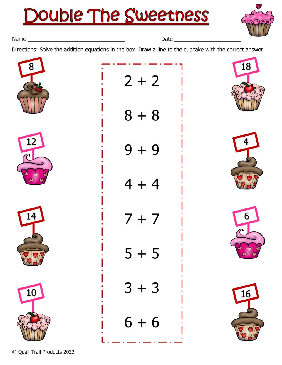 Double The Sweetness doubles facts: students solve 2+2 through 9+9 and draw lines to cupcakes labeled with each sum