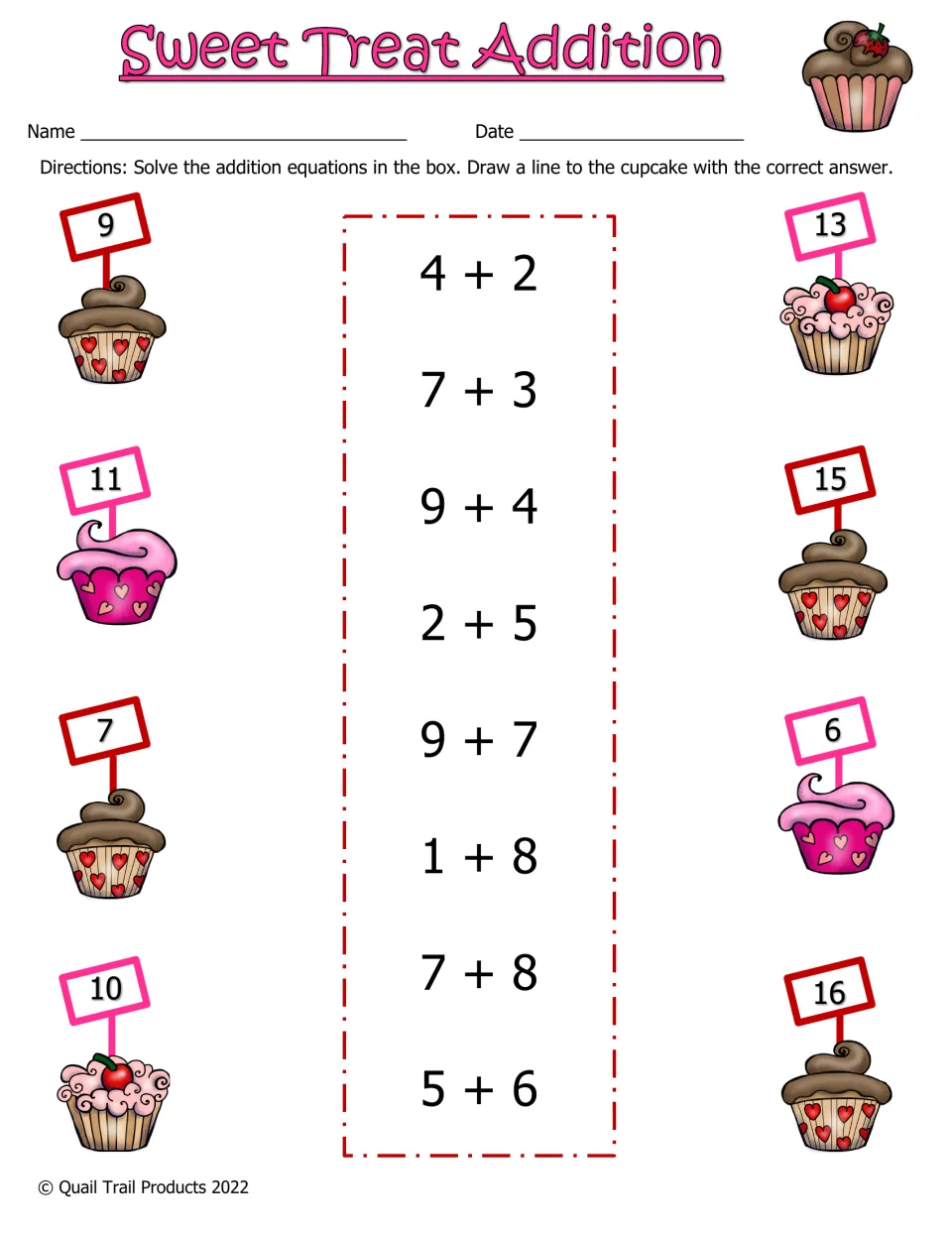 Sweet Treat Addition: students solve sums such as 4+2, 9+4 and 7+8, then match each to a cupcake sign showing 6 to 16