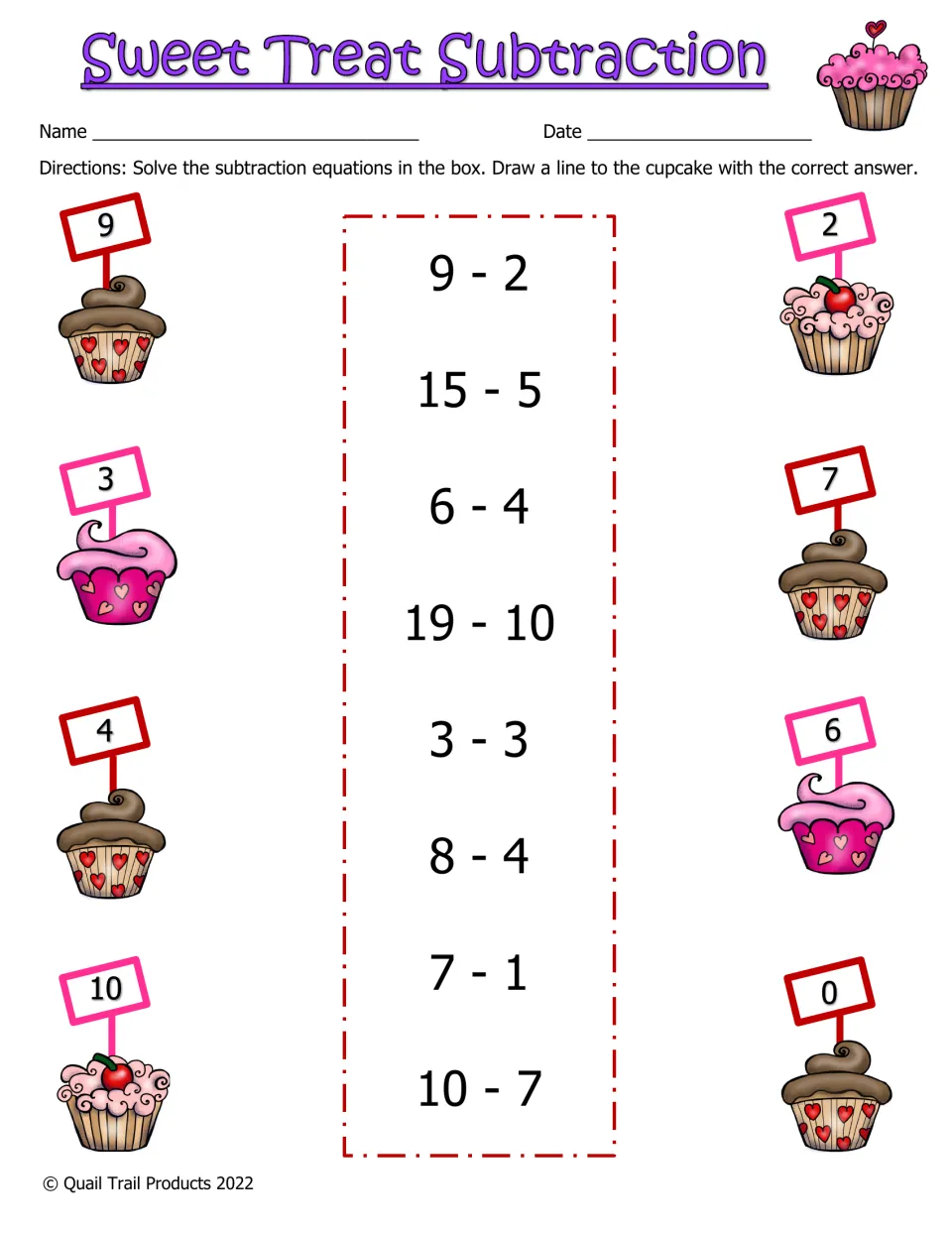 Sweet Treat Subtraction: students solve facts like 9-2, 15-5 and 19-10, then link each to the cupcake with the difference