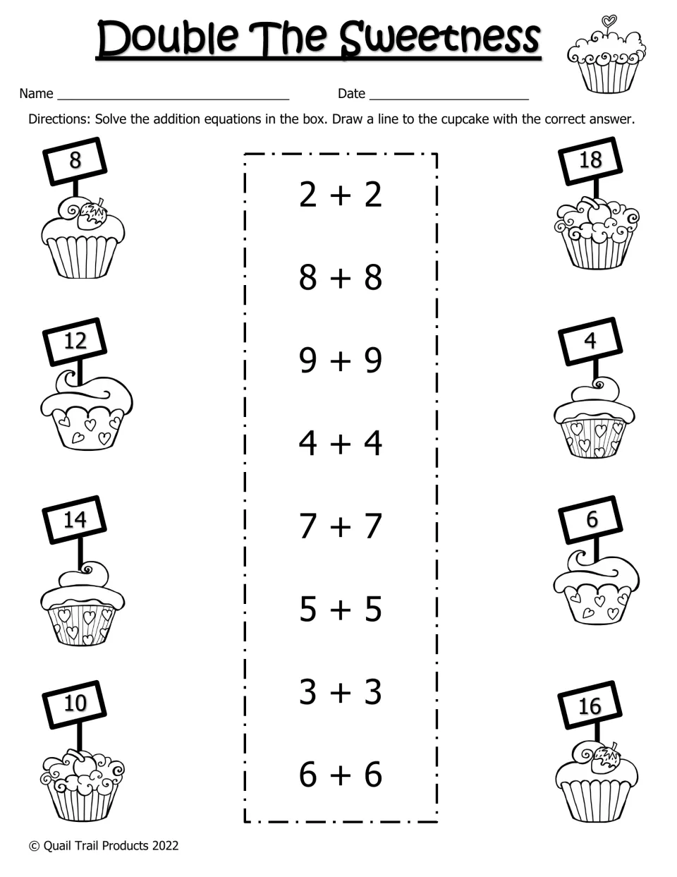 Double The Sweetness in black and white: students solve doubles 2+2 to 9+9 and connect each to the cupcake with its sum