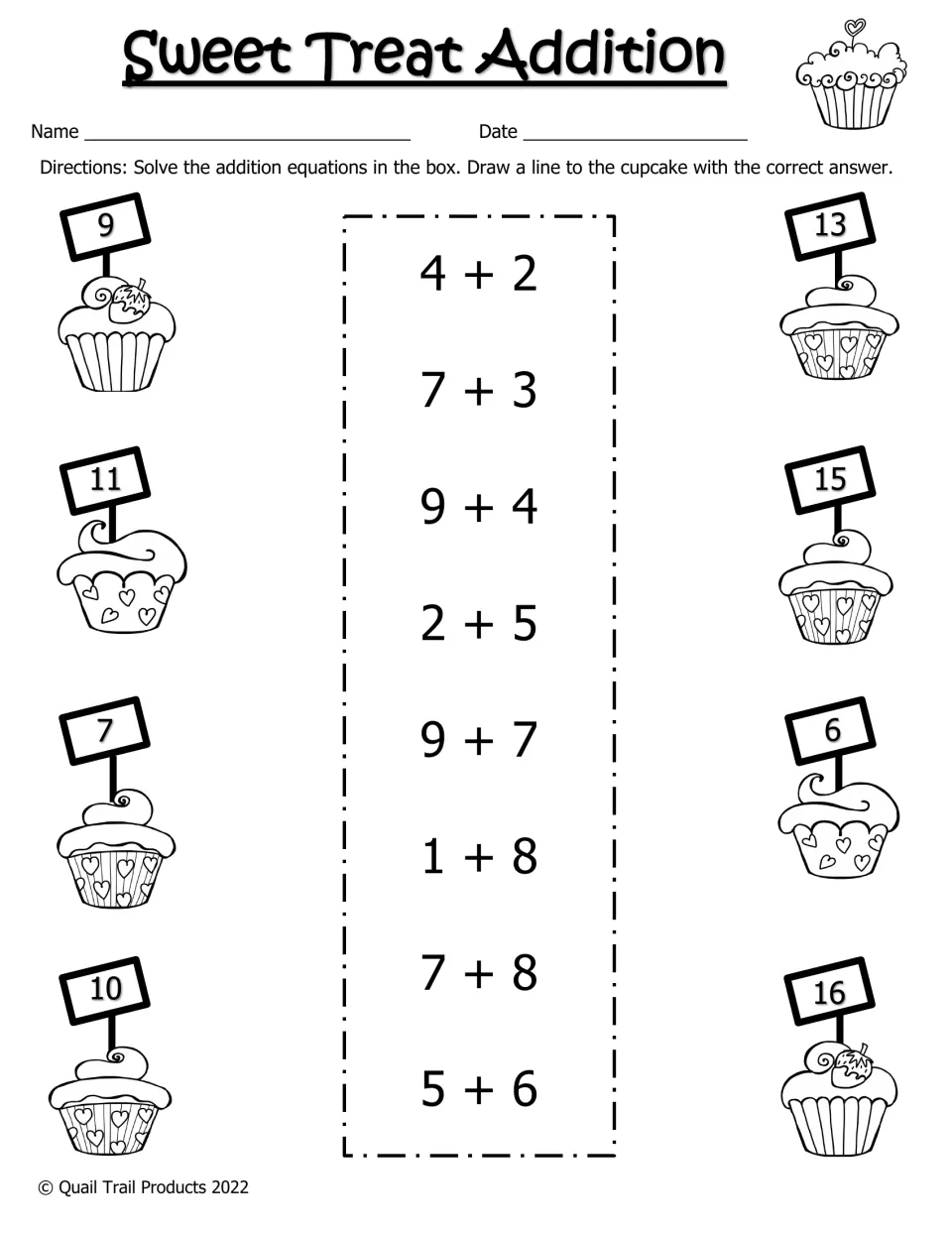 Sweet Treat Addition in black and white: students add pairs such as 7+3, 1+8 and 5+6 and draw lines to the matching sums