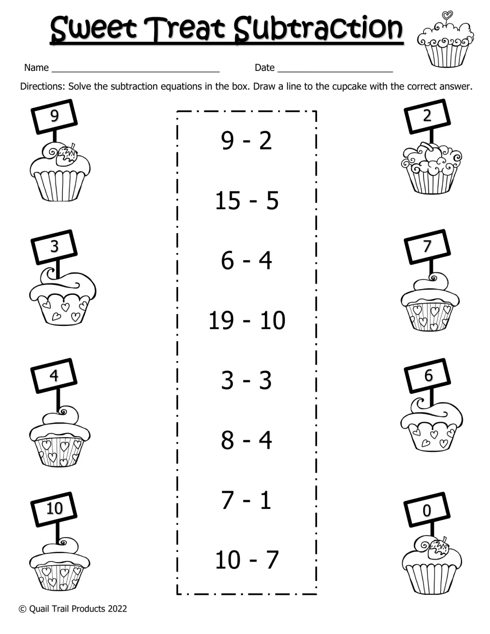 Sweet Treat Subtraction in black and white: students find differences for 6-4, 3-3 and 10-7, then match each to a cupcake