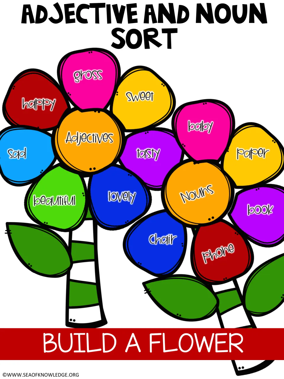 Cover showing two sorted flowers: happy, sad and sweet petals around Adjectives; chair, book and phone petals around Nouns
