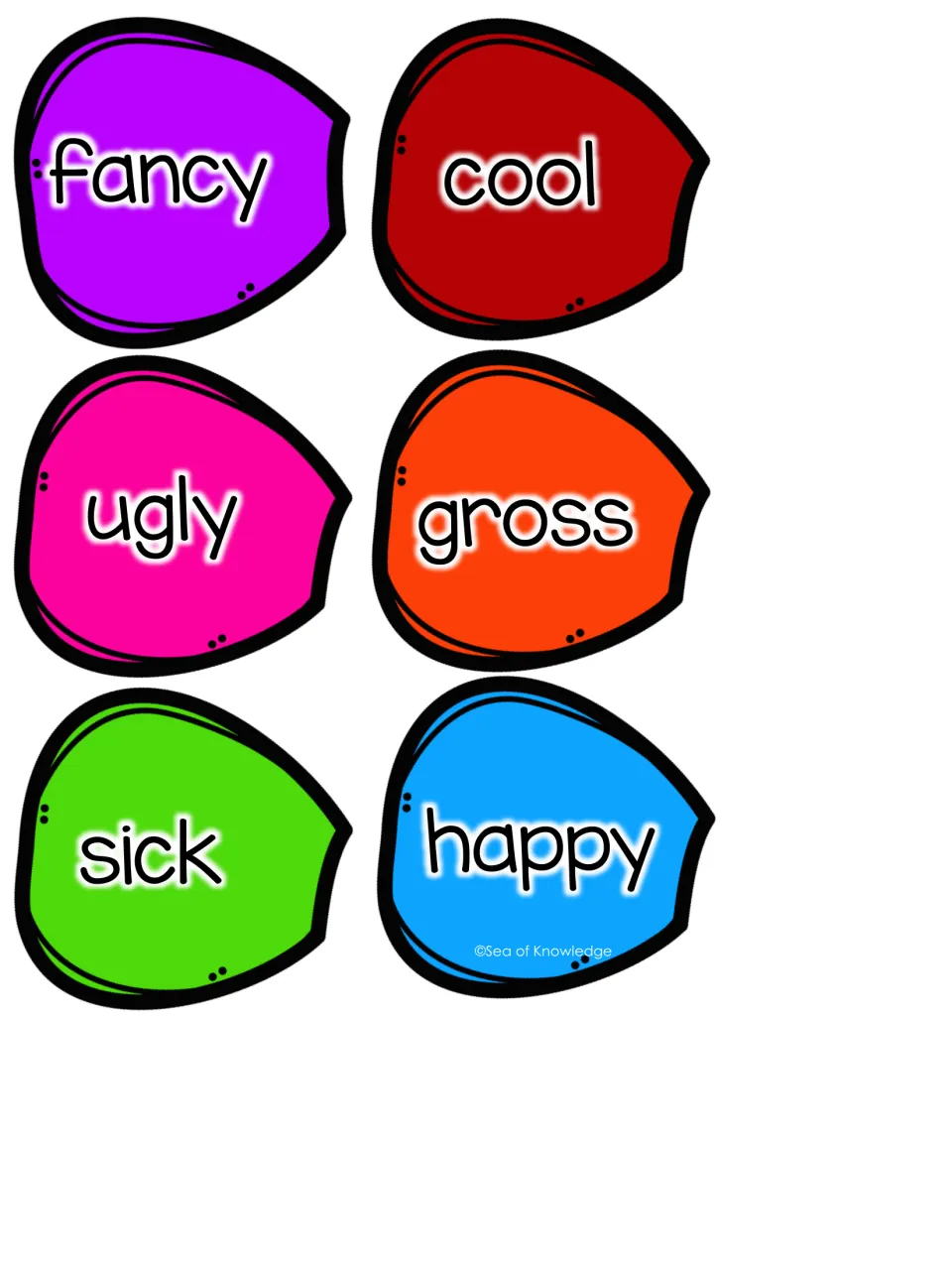 Adjective petal cut-outs: six petals reading fancy, cool, ugly, gross, sick and happy for students to cut and sort