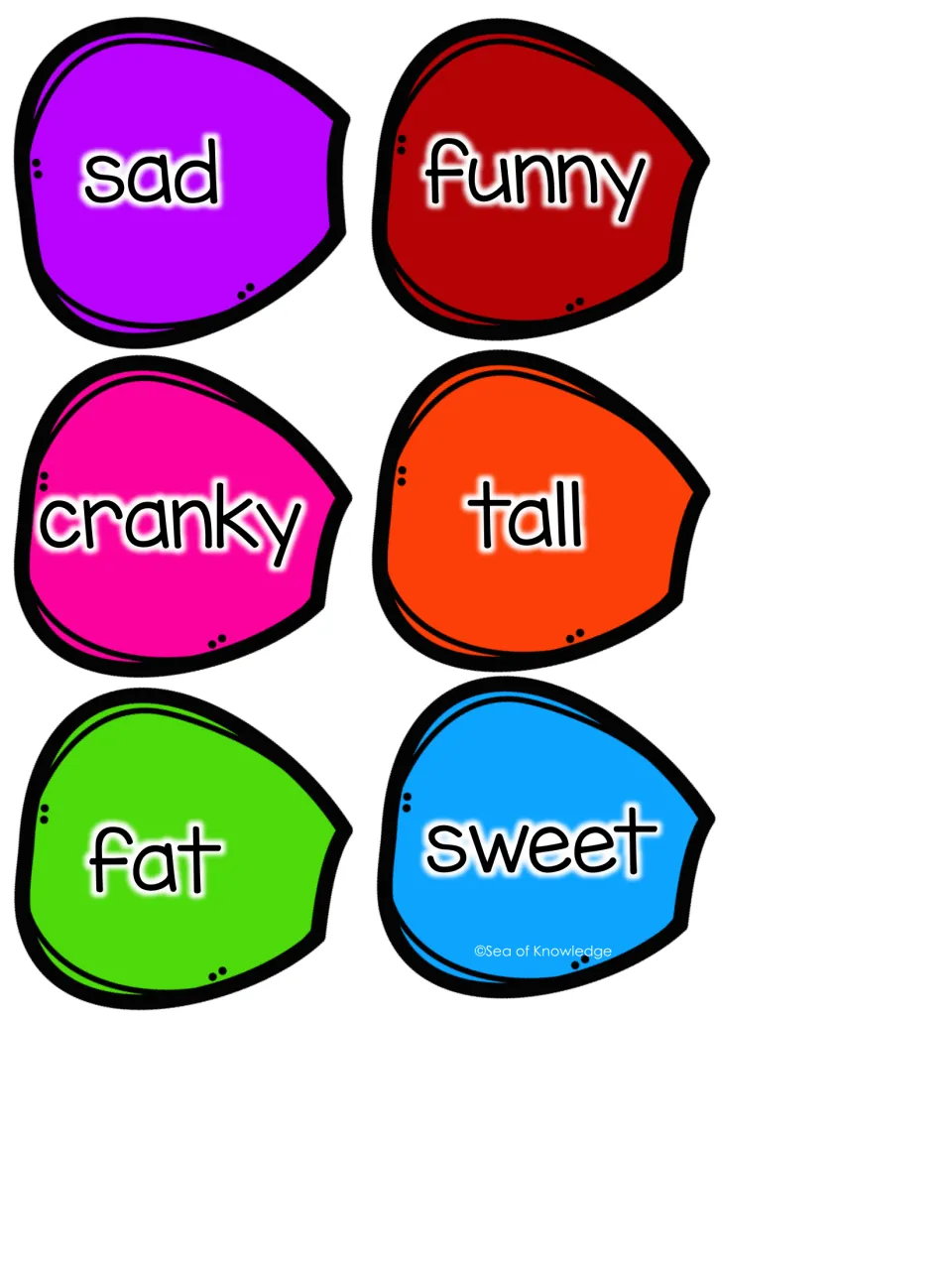 Petal set two: sad, funny, cranky, tall, fat and sweet printed on six colorful petals to cut out and glue on the flower