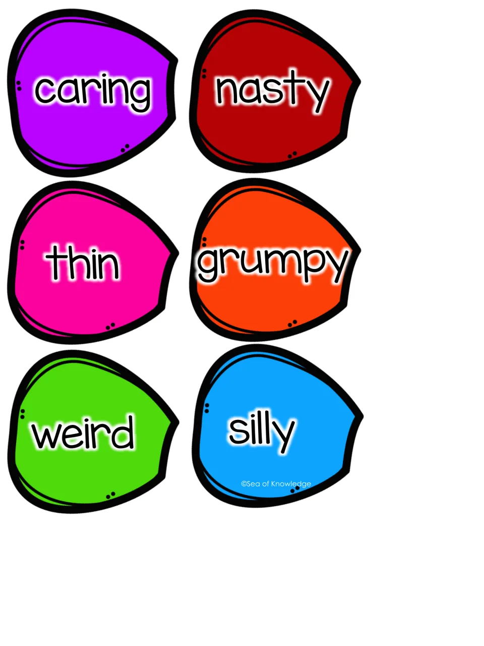 Third page of petals with caring, nasty, thin, grumpy, weird and silly, each a describing word for the Adjectives flower