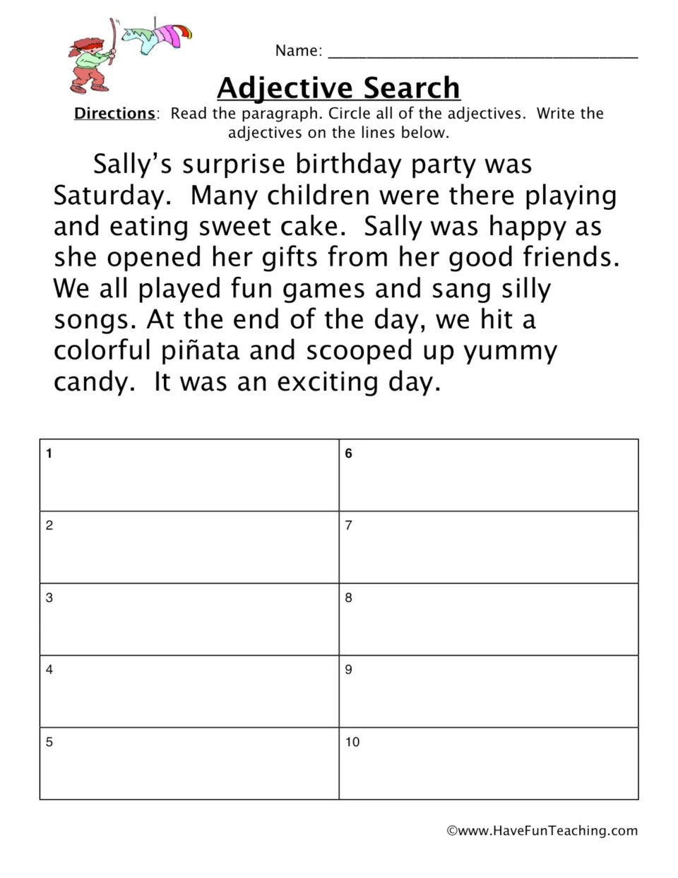 Adjective search practice: read about Sally's birthday party, circle adjectives, and write the 10 words.