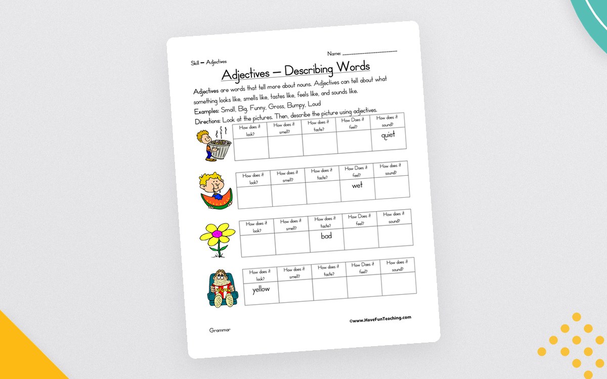 Adjective Five Senses Worksheet preview: Five-senses adjective explanation