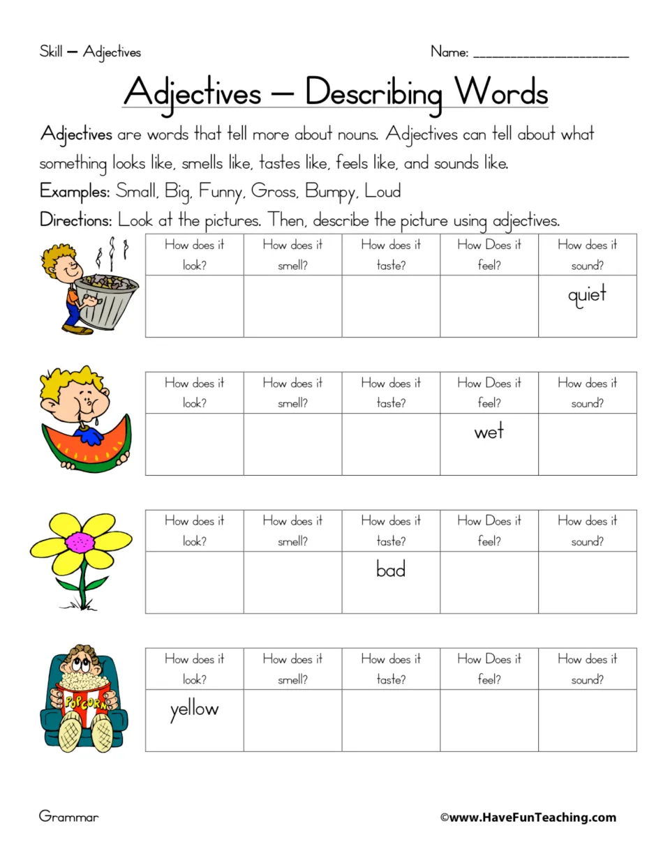 Describing words: students write adjectives for how trash, watermelon, a flower and popcorn look, smell, taste, feel, sound