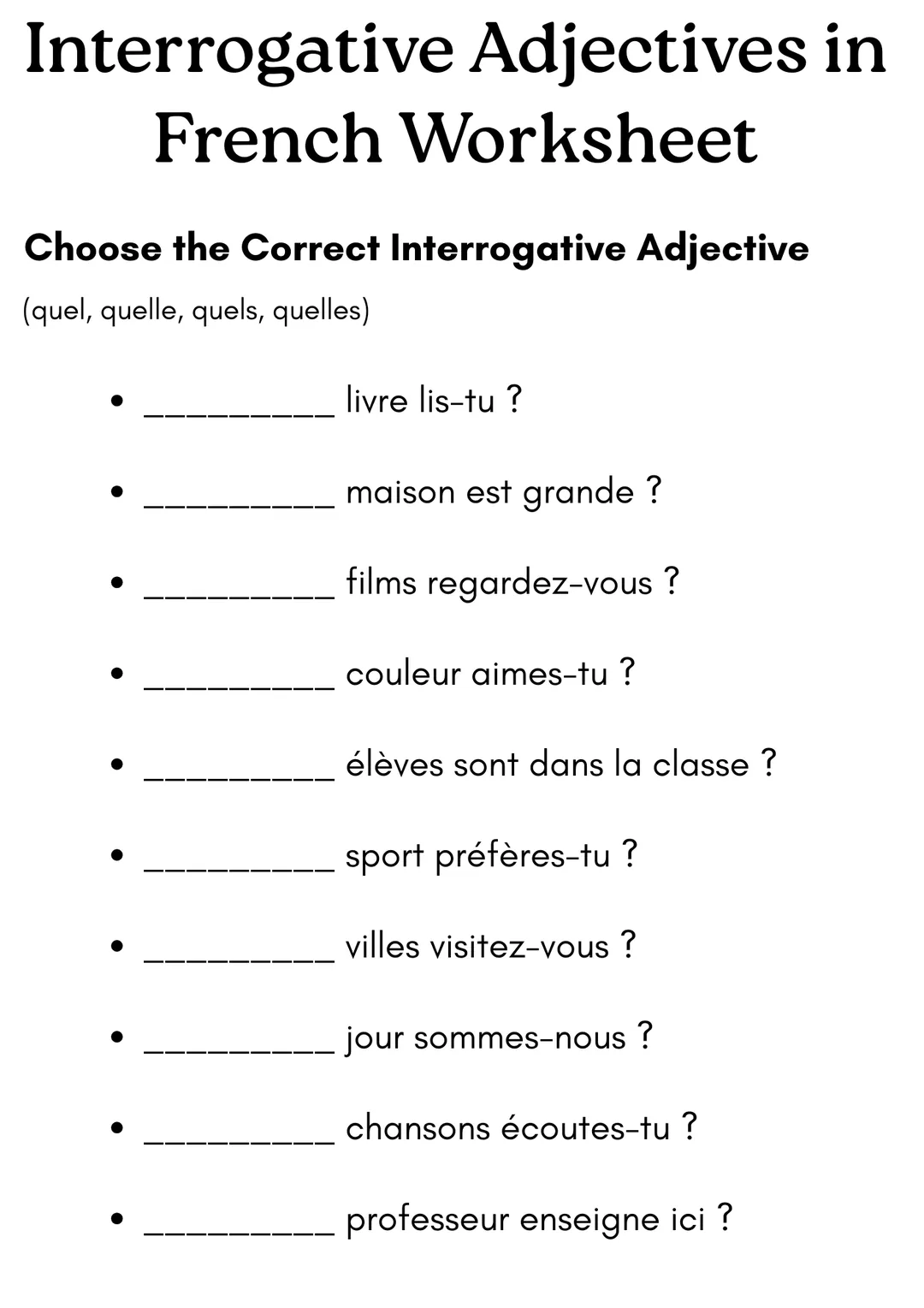 adjective interrogative in french worksheet – cover