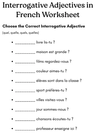 adjective interrogative in french worksheet – cover