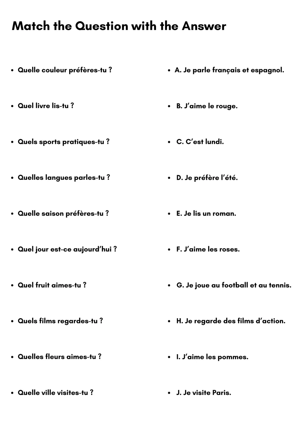Matching activity: students pair 10 French questions using quel forms with answers A to J, such as J'aime le rouge
