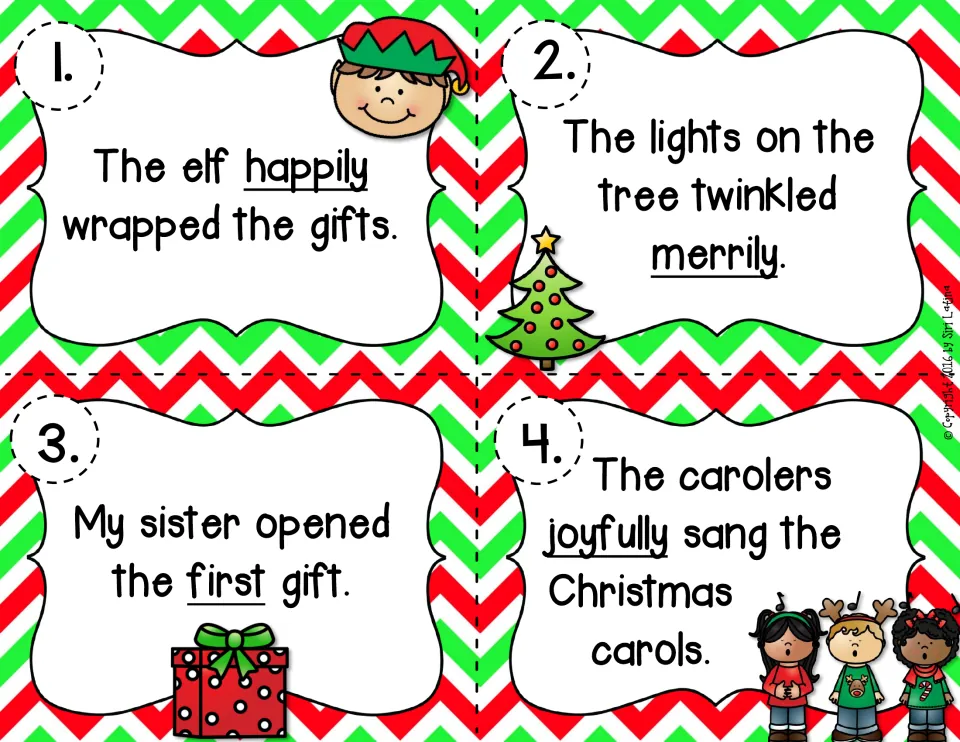 Task cards 1-4: students decide if each underlined word is an adjective or adverb: happily, merrily, first, joyfully