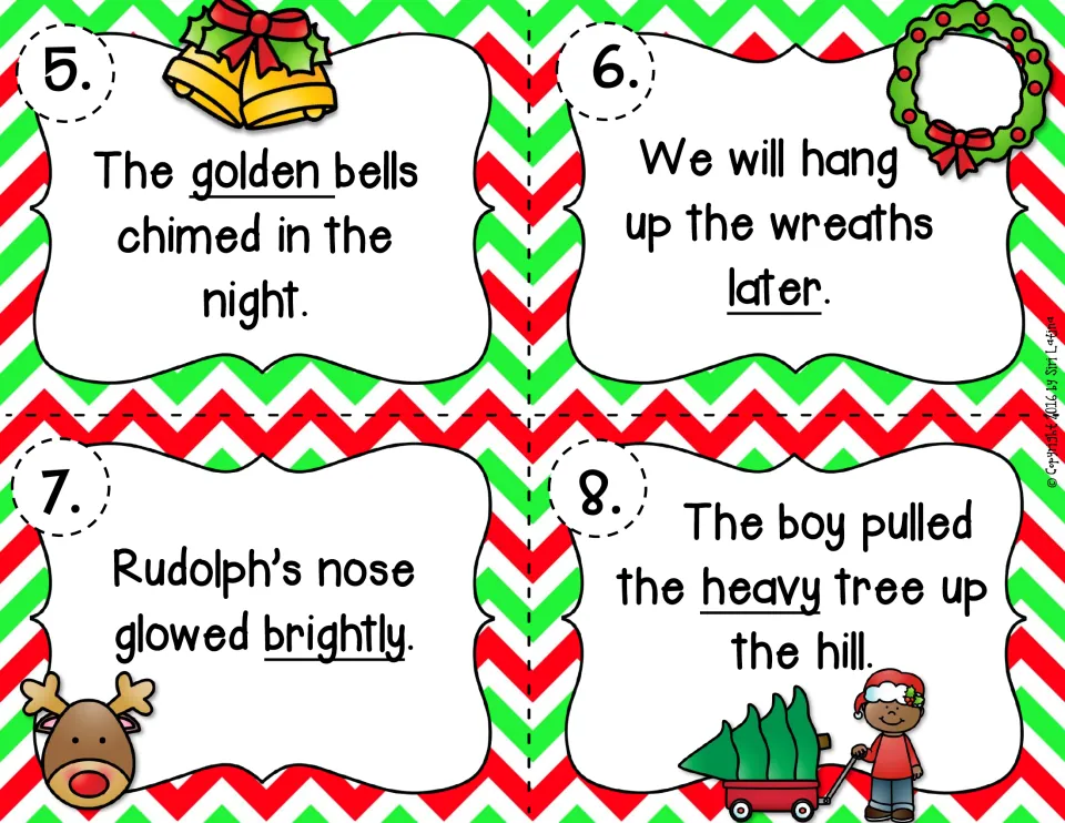 Task cards 5-8 on bells, wreaths, Rudolph and a tree: students label golden, later, brightly and heavy by part of speech
