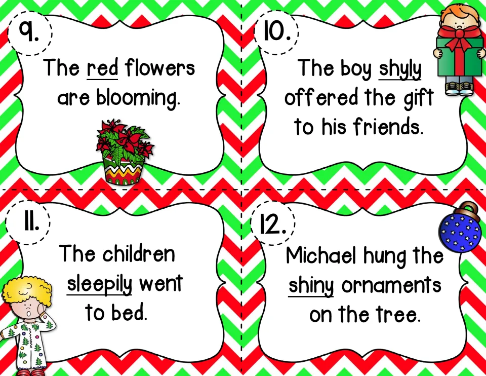 Task cards 9-12: students sort underlined red, shyly, sleepily and shiny as adjective or adverb in holiday sentences