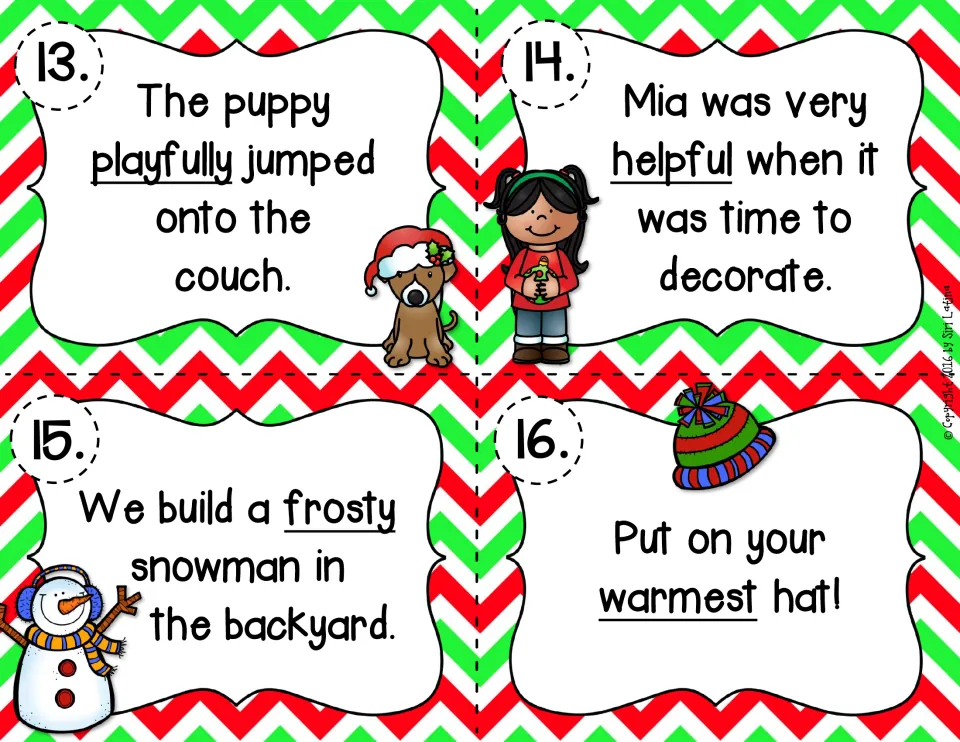 Task cards 13-16 about a puppy, Mia, a snowman and a hat: students classify playfully, helpful, frosty and warmest