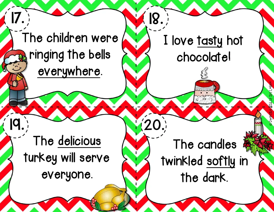 Task cards 17-20: students identify everywhere, tasty, delicious and softly as adjective or adverb in winter sentences