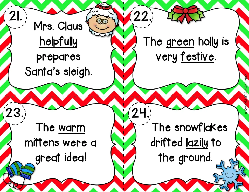 Task cards 21-24 on Mrs. Claus, holly and mittens: students label helpfully, green, festive, warm and lazily