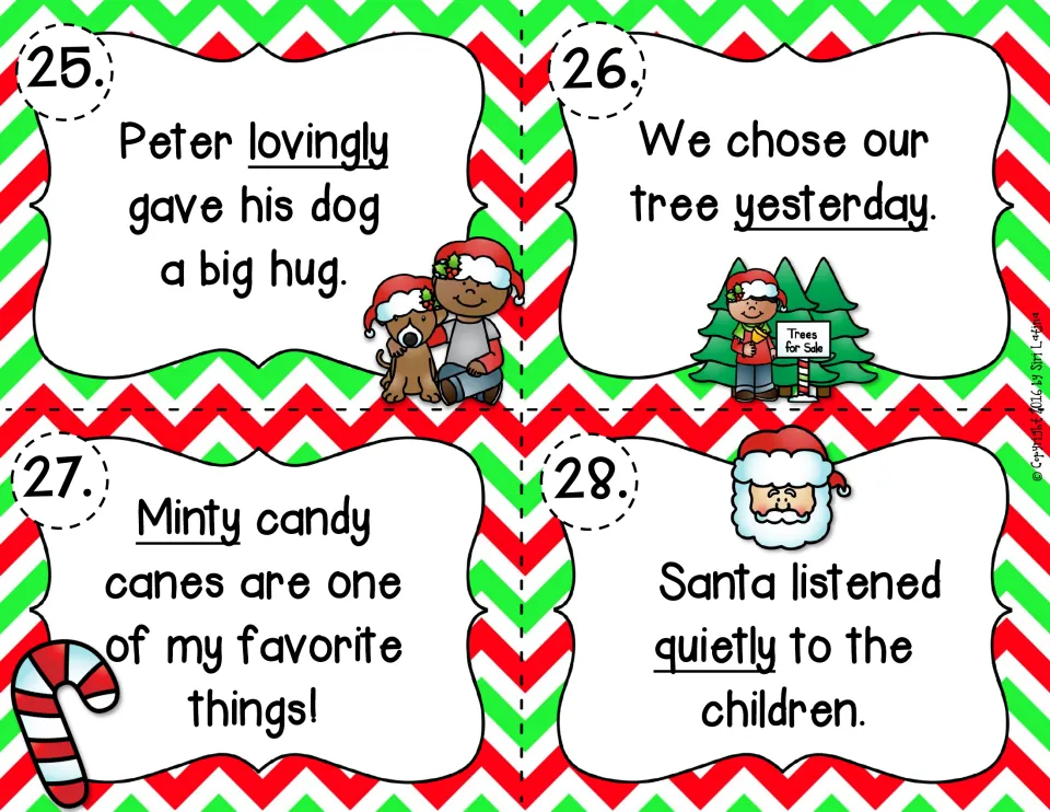 Task cards 25-28: students decide whether lovingly, yesterday, minty and quietly describe a noun or a verb