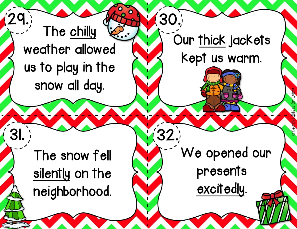 Task cards 29-32 about snow, jackets and presents: students sort chilly, thick, silently and excitedly by part of speech