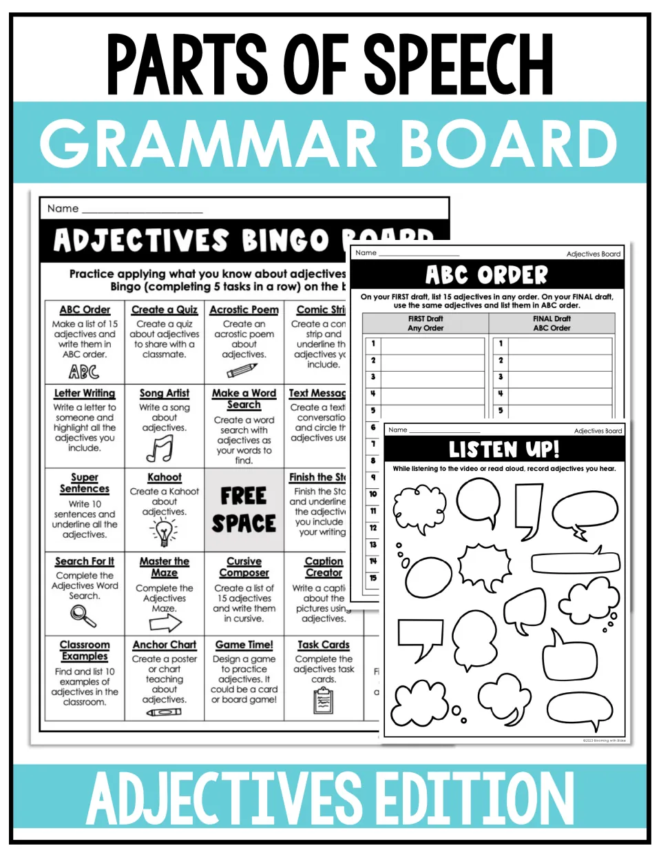Parts of Speech Grammar Board, Adjectives Edition cover showing the bingo board, ABC Order and Listen Up! pages