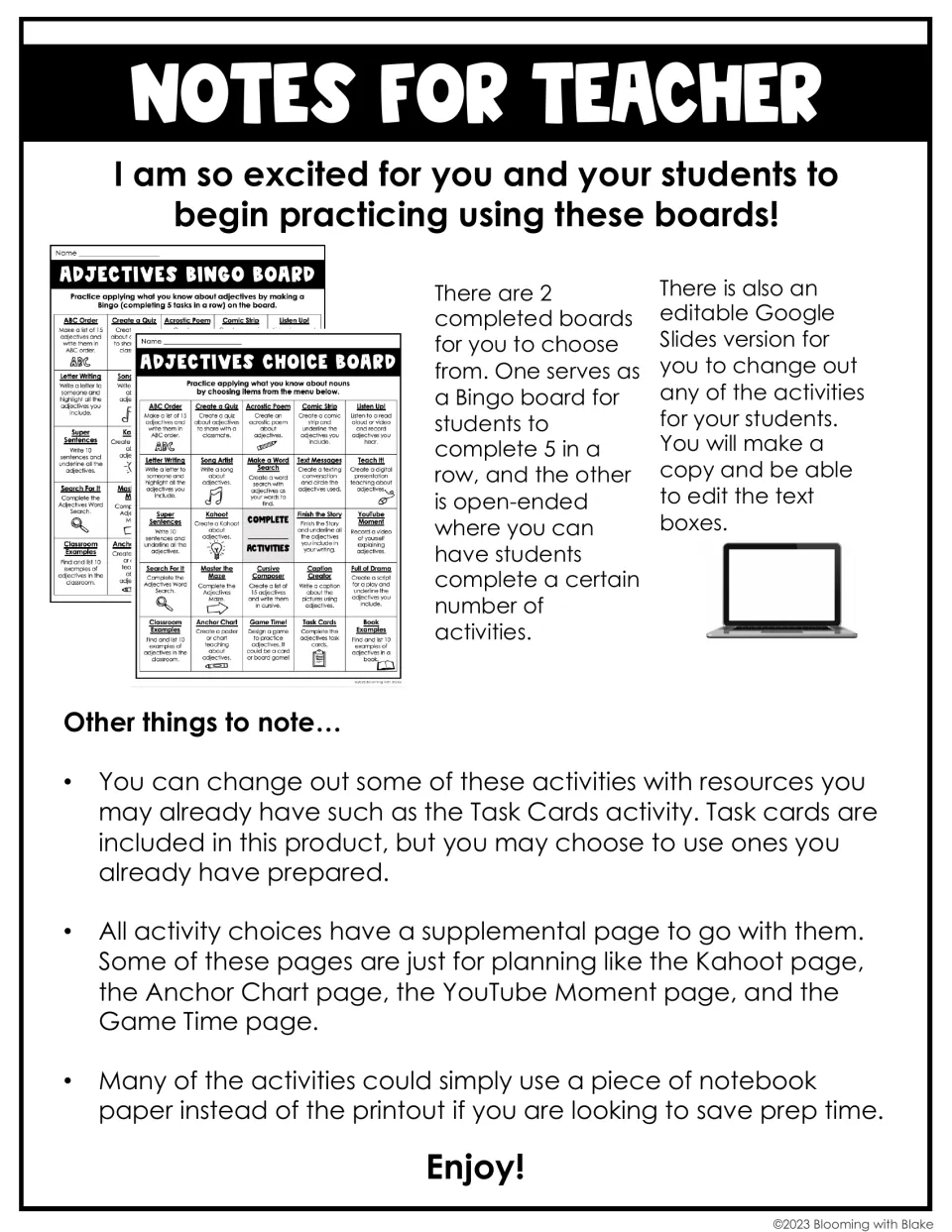Notes for teacher explaining the bingo and open-ended adjective boards, editable Google Slides and supplemental pages