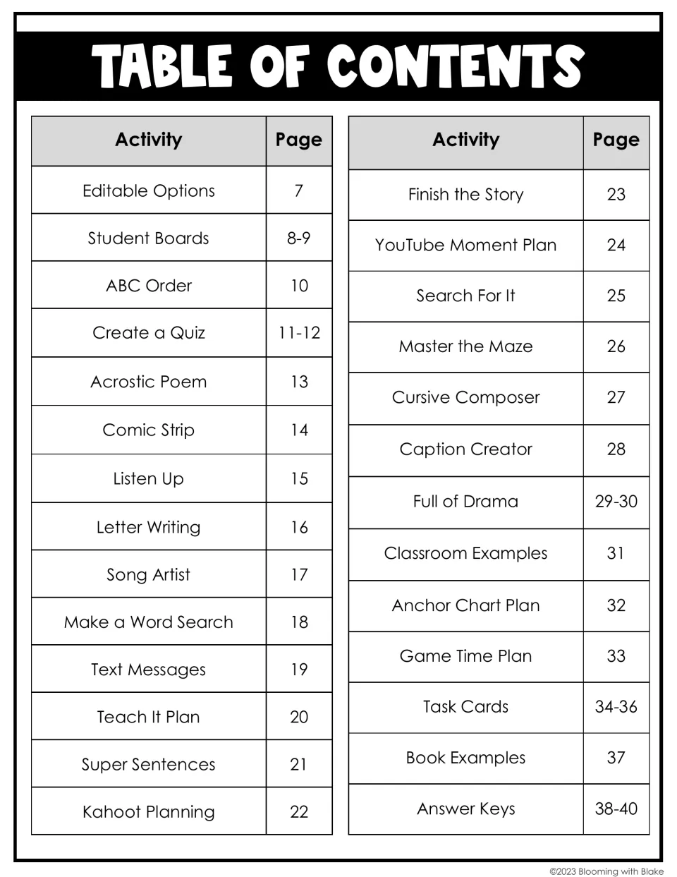 Table of contents listing each adjective activity, from ABC Order and Create a Quiz to Task Cards, with page numbers